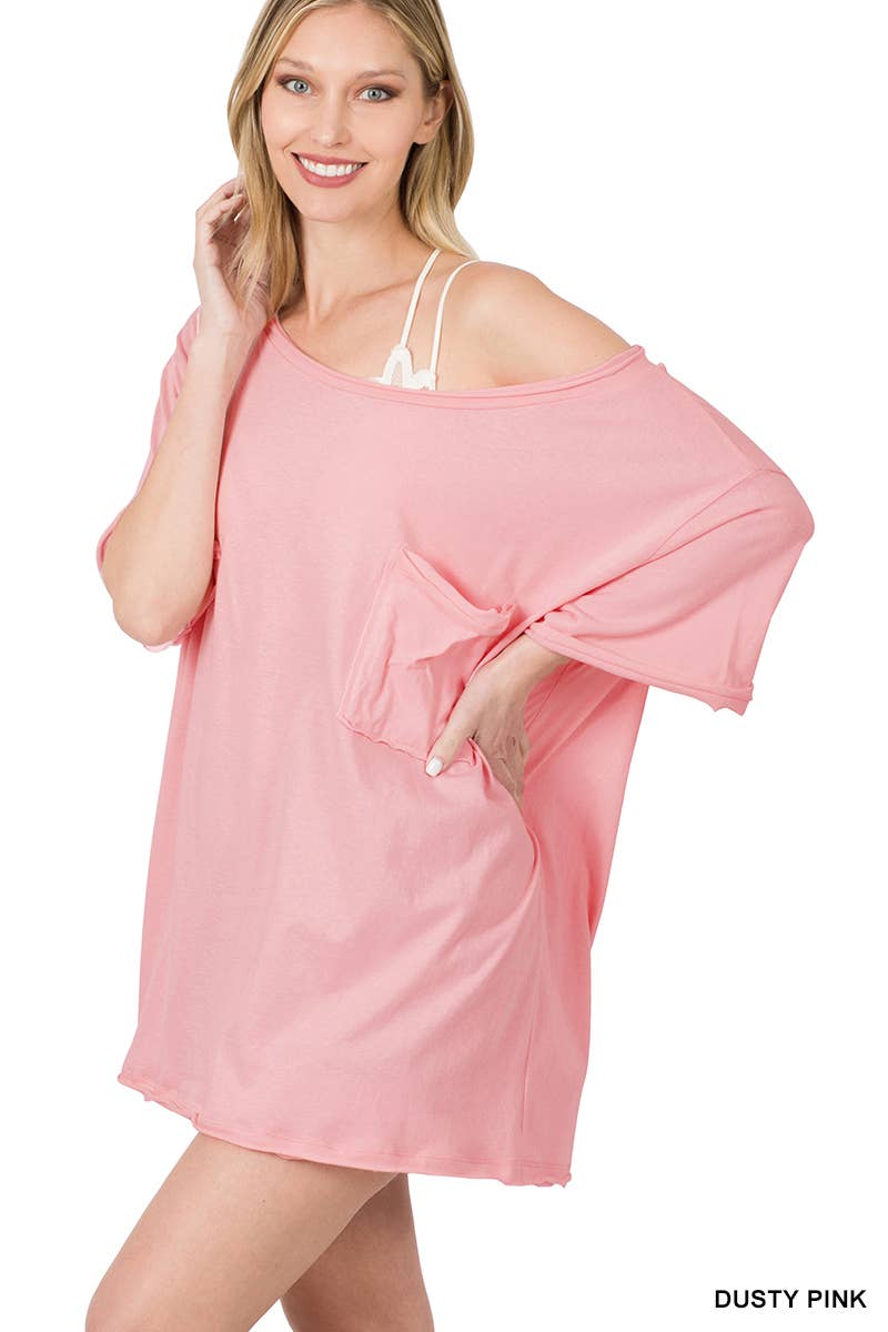 ...Oversized Front pocket raw edge tee: ASH ROSE-134856 / XS