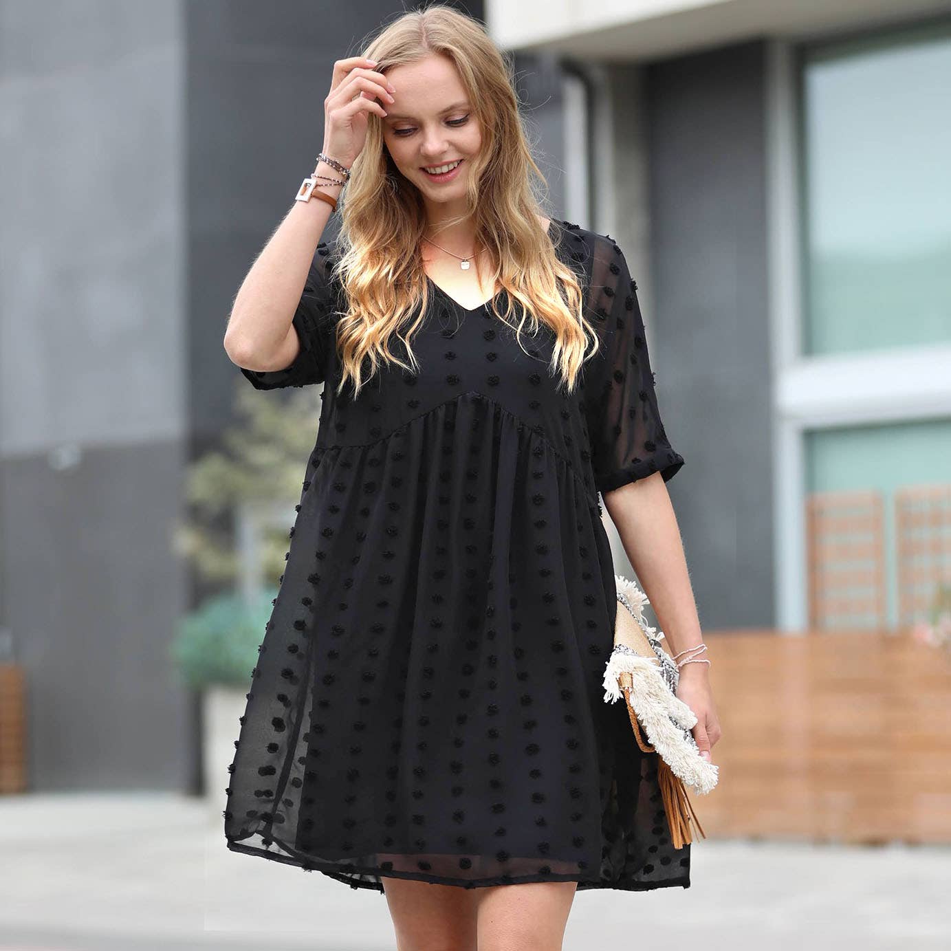 .....Swiss Dot Babydoll Dress Collection: SAND BEIGE-155324 / M