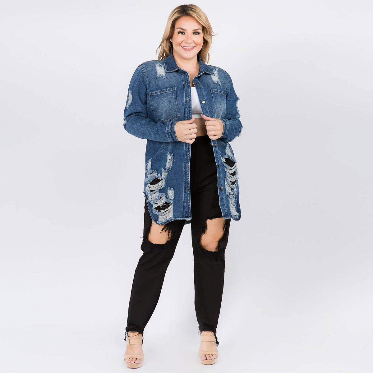 PLUS SIZE LONG LENGTH DENIM SHIRTS JACKET-RJK3712SIP: WHITE / 1X