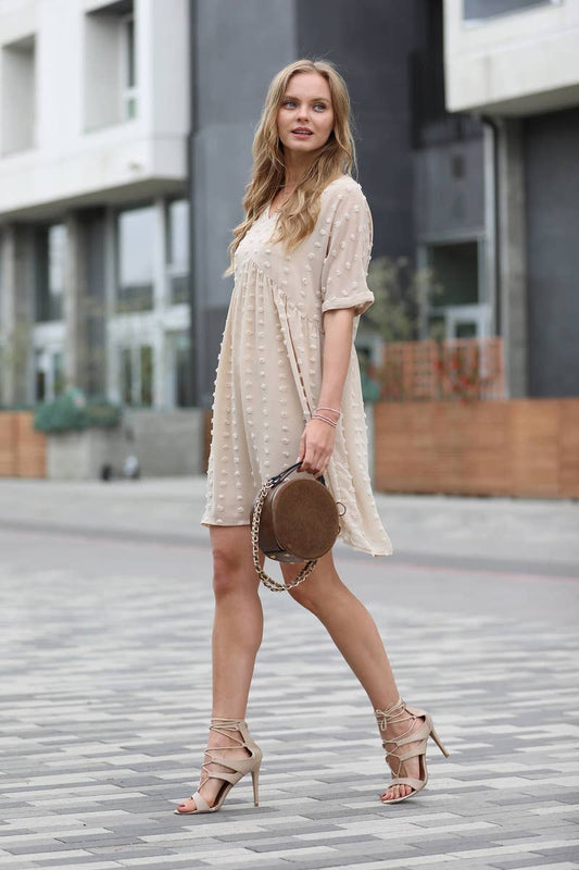.....Swiss Dot Babydoll Dress Collection: SAND BEIGE-155324 / S