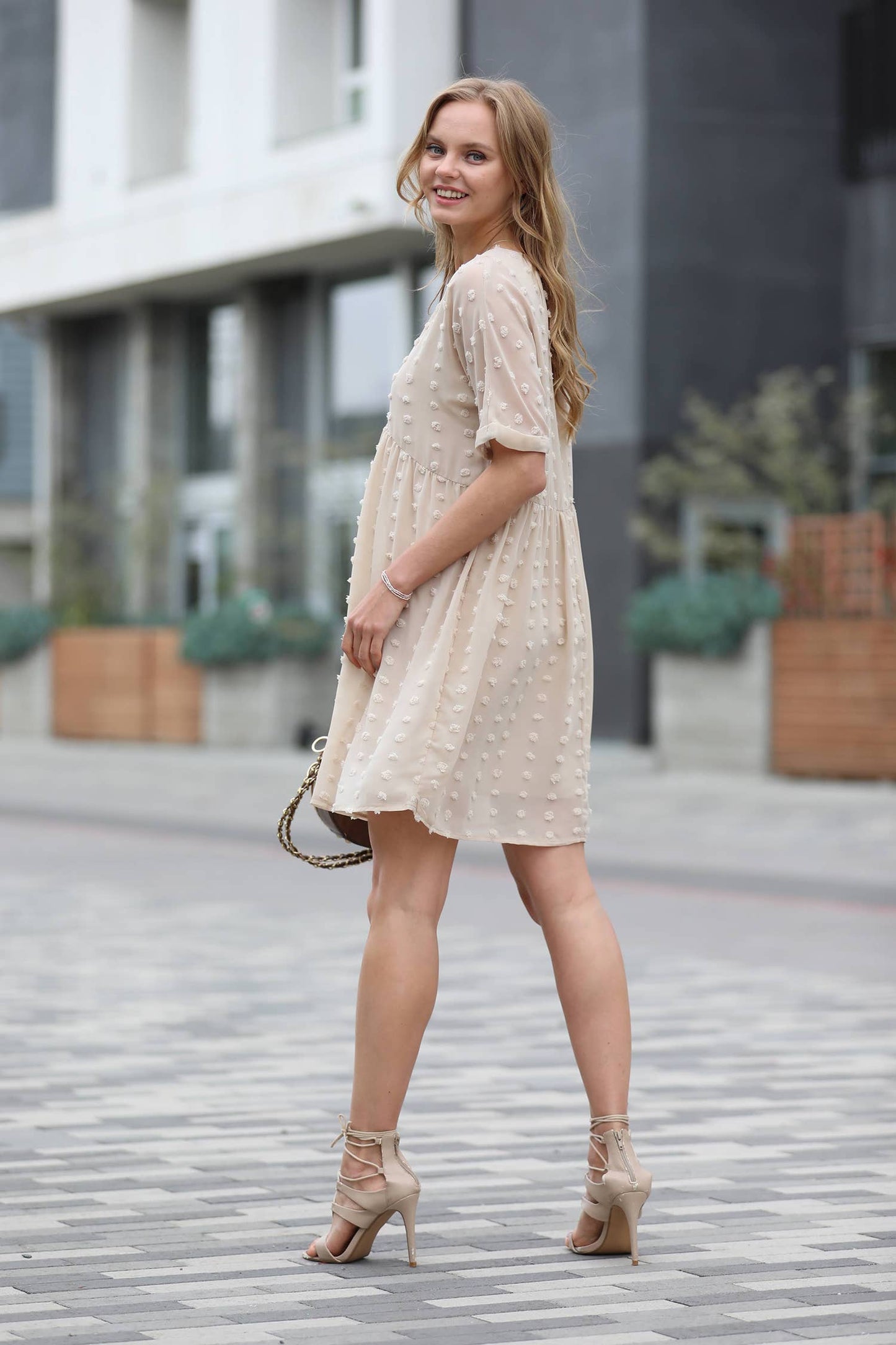 .....Swiss Dot Babydoll Dress Collection: SAND BEIGE-155324 / L