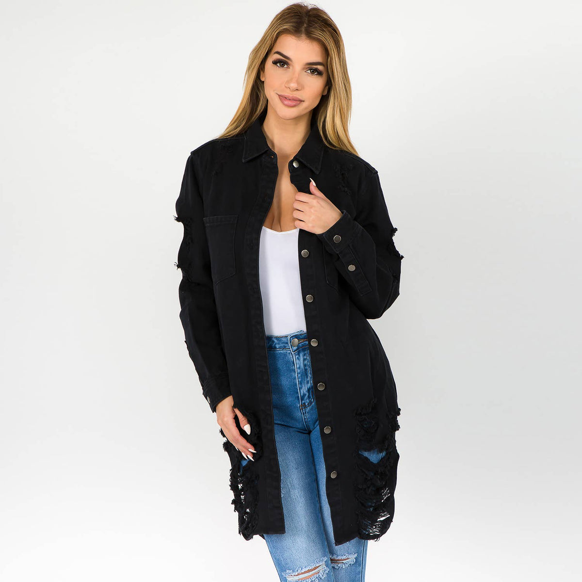 PLUS SIZE LONG LENGTH DENIM SHIRTS JACKET-RJK3712SIP: WHITE / 1X
