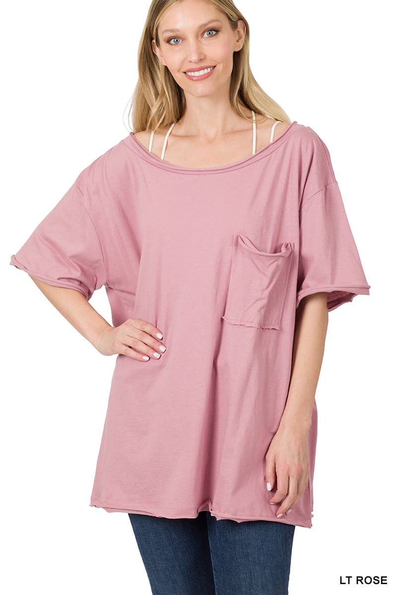 ...Oversized Front pocket raw edge tee: ASH ROSE-134856 / L