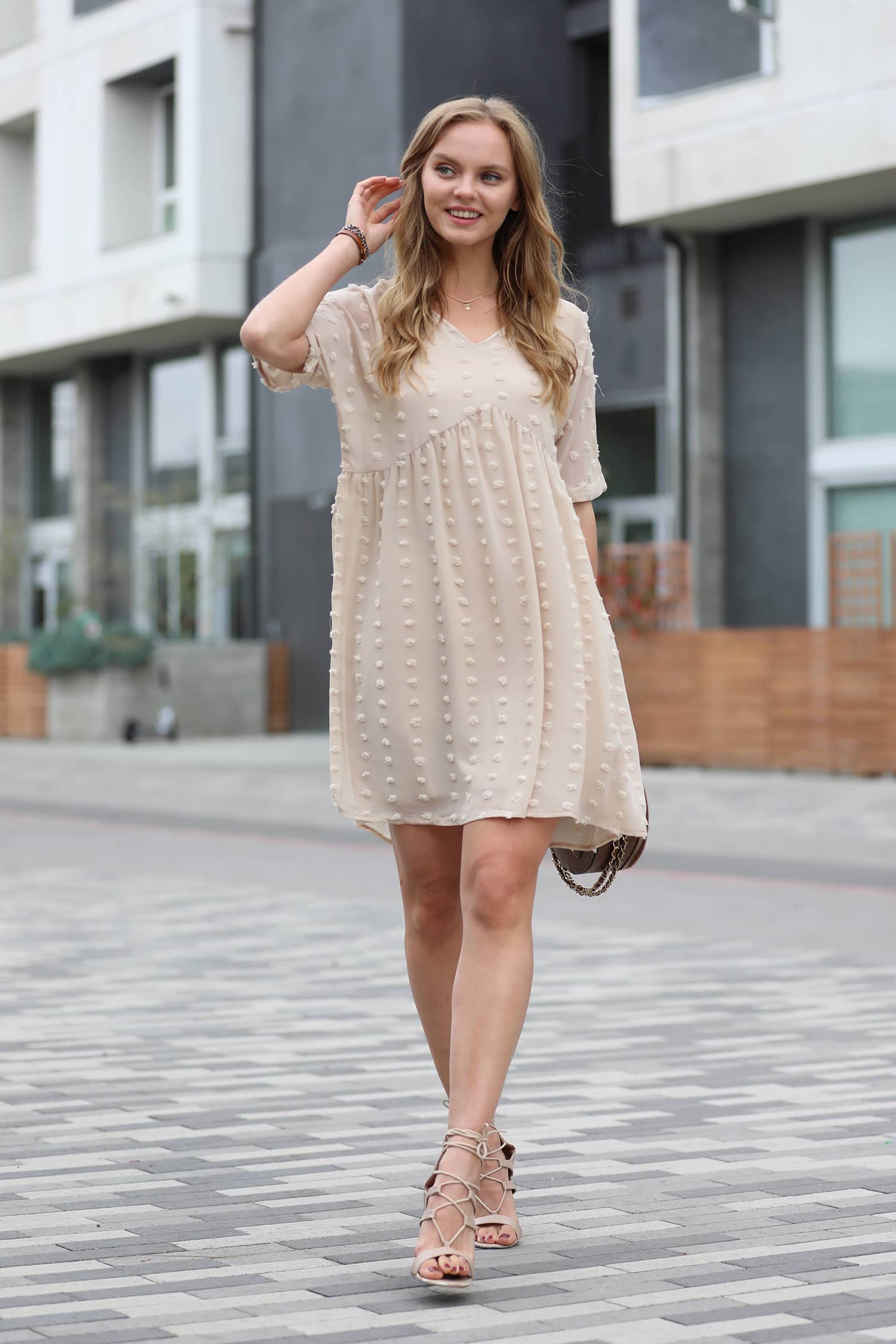 .....Swiss Dot Babydoll Dress Collection: SAND BEIGE-155324 / M