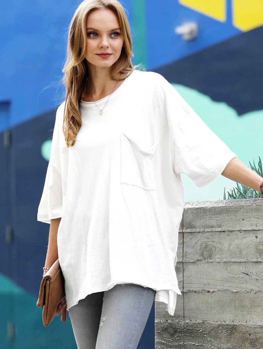 ...Oversized Front pocket raw edge tee: ASH ROSE-134856 / S