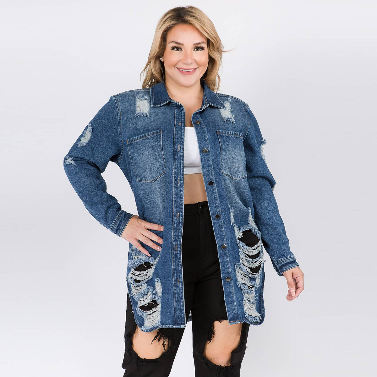 PLUS SIZE LONG LENGTH DENIM SHIRTS JACKET-RJK3712SIP: WHITE / 3X
