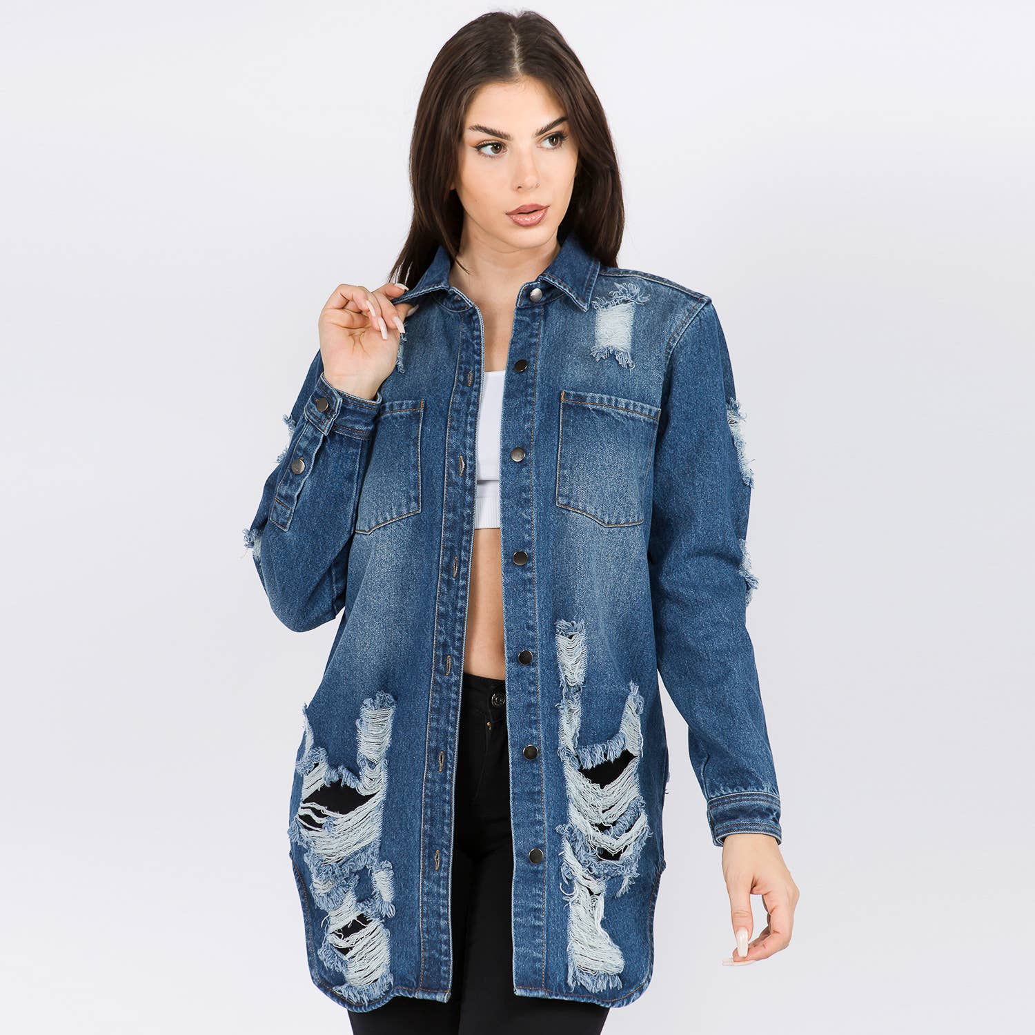 LONG LENGTH DENIM SHIRTS JACKET-RJK3712SI: WHITE / SMALL