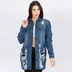 LONG LENGTH DENIM SHIRTS JACKET-RJK3712SI: WHITE / SMALL