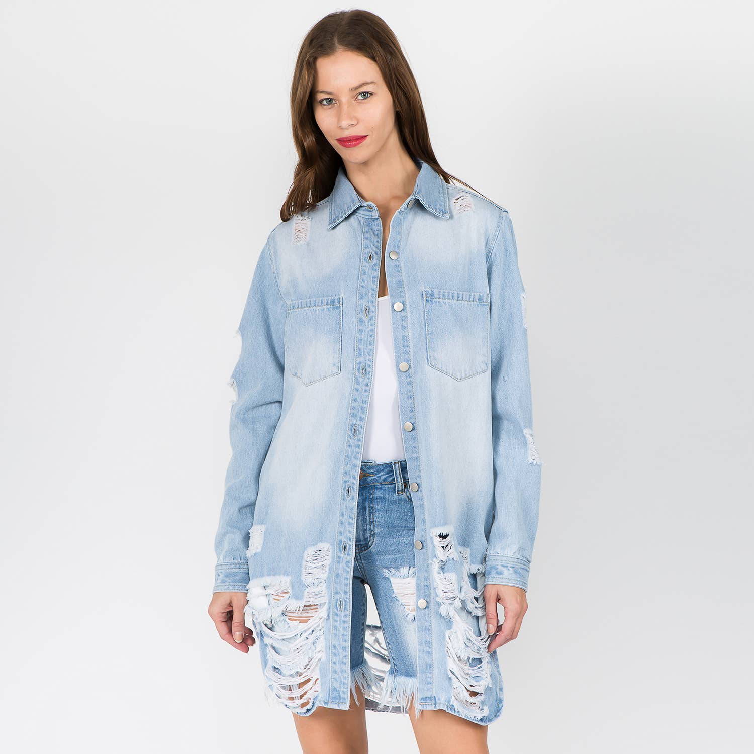 LONG LENGTH DENIM SHIRTS JACKET-RJK3712SI: WHITE / SMALL