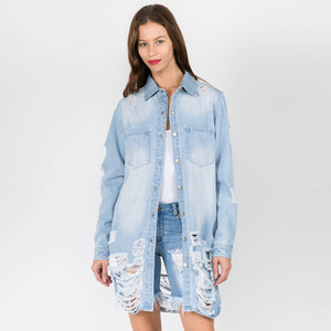 LONG LENGTH DENIM SHIRTS JACKET-RJK3712SI: WHITE / SMALL