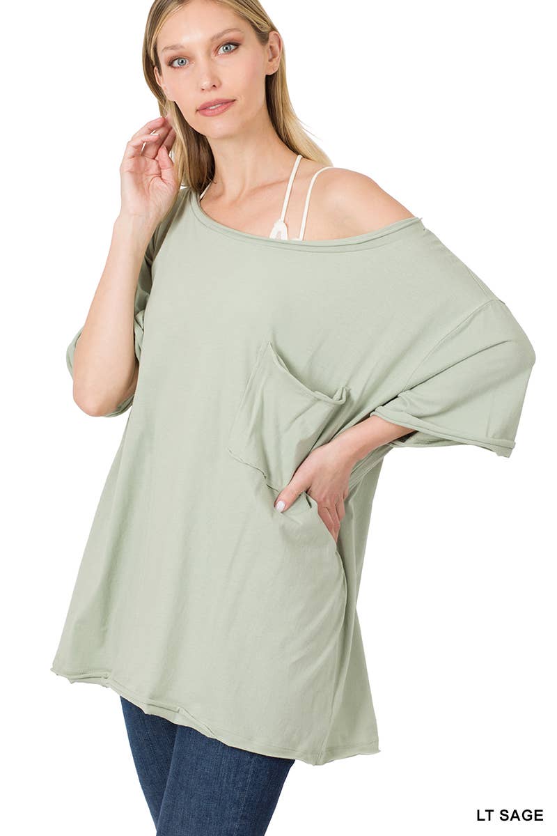 ...Oversized Front pocket raw edge tee: ASH ROSE-134856 / XL