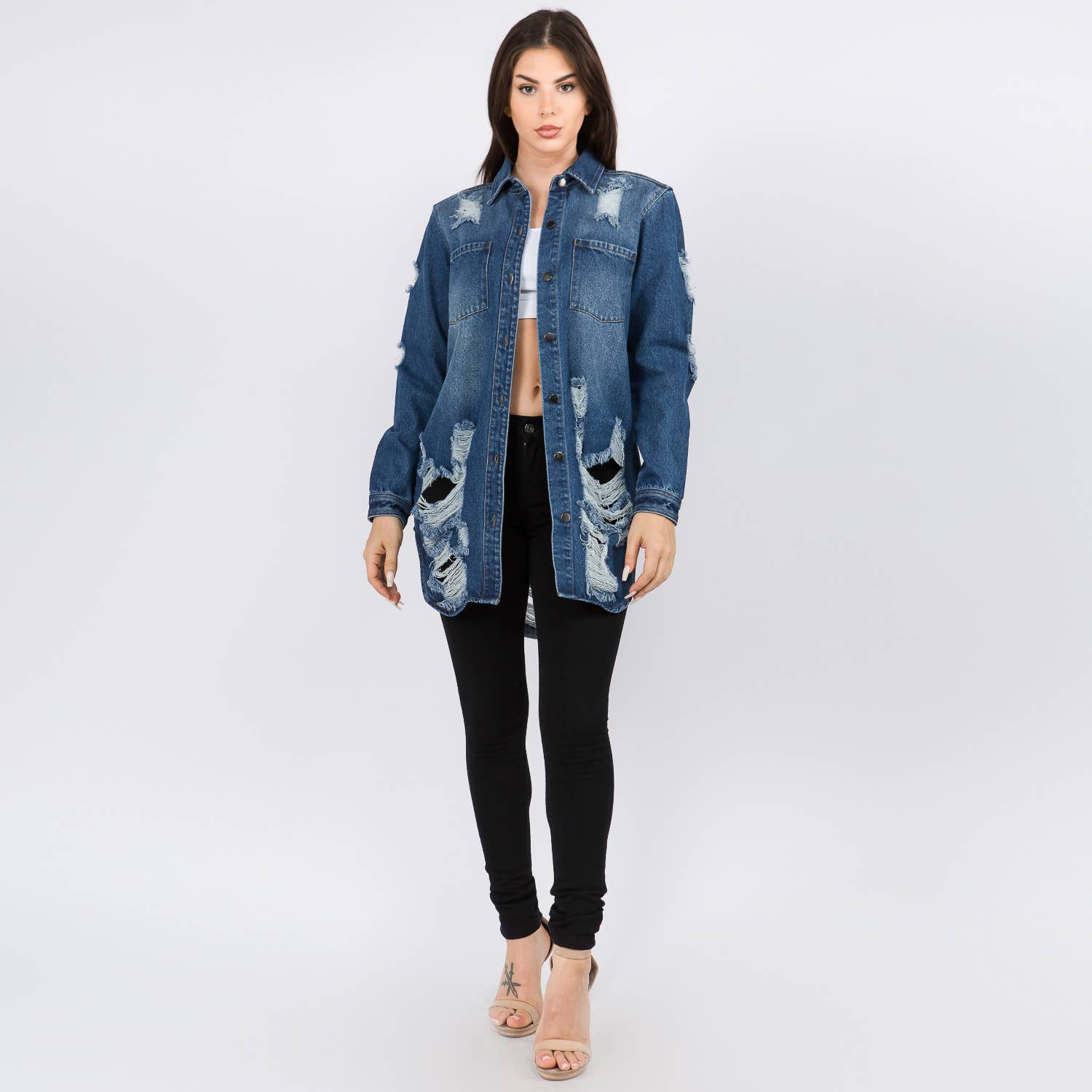 LONG LENGTH DENIM SHIRTS JACKET-RJK3712SI: WHITE / SMALL
