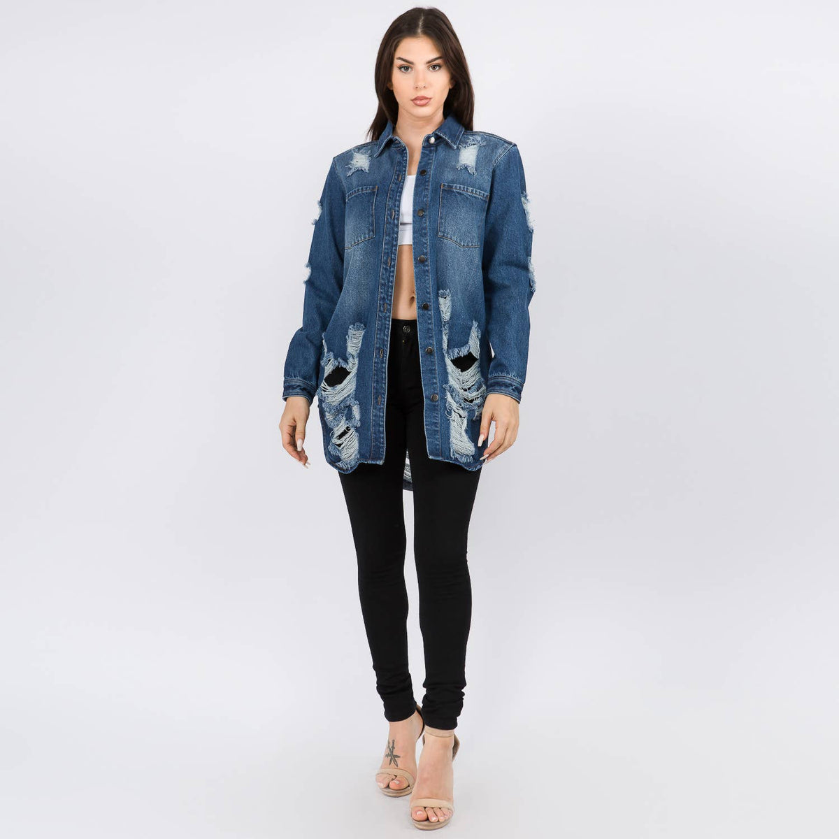 LONG LENGTH DENIM SHIRTS JACKET-RJK3712SI: WHITE / MEDIUM