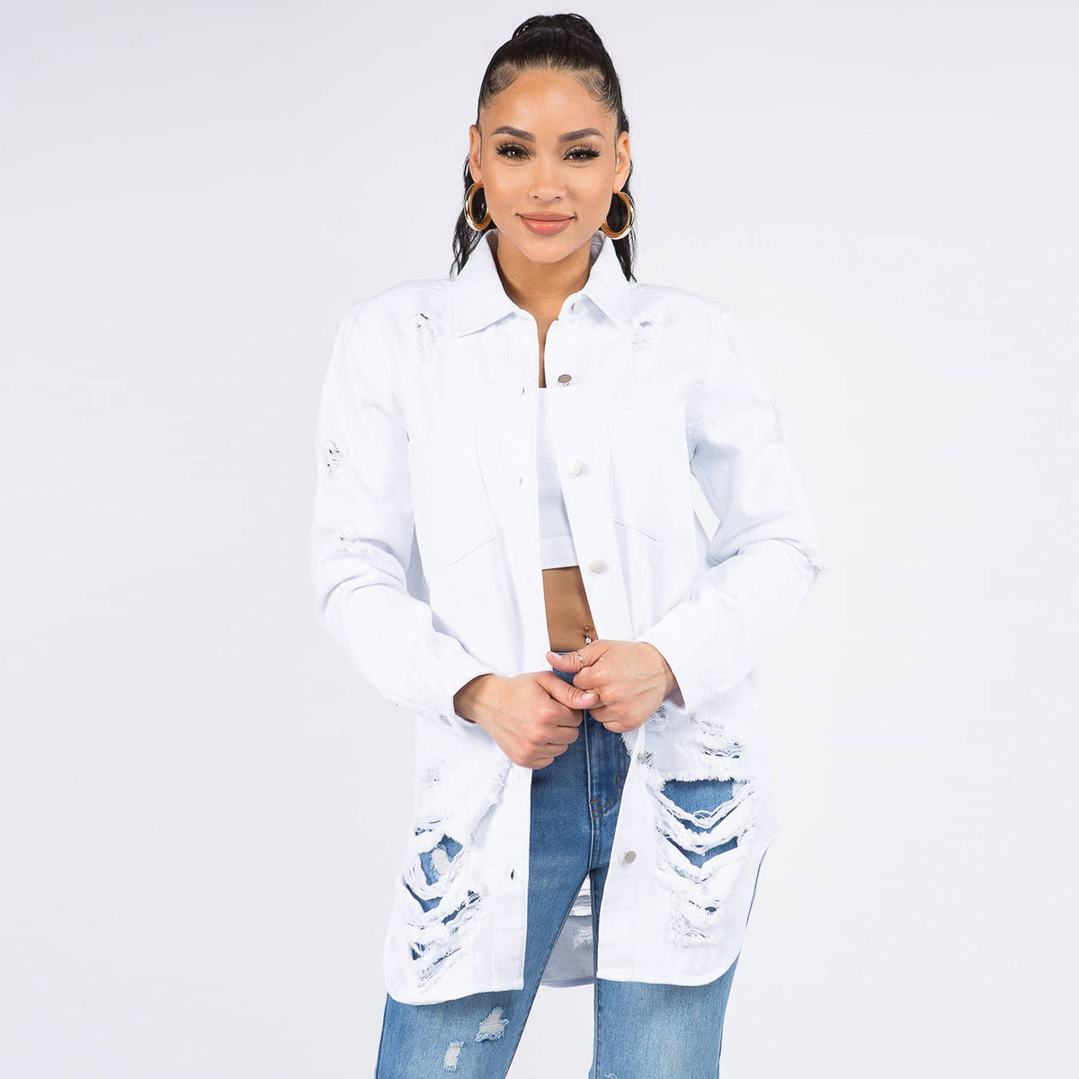 PLUS SIZE LONG LENGTH DENIM SHIRTS JACKET-RJK3712SIP: WHITE / 2X