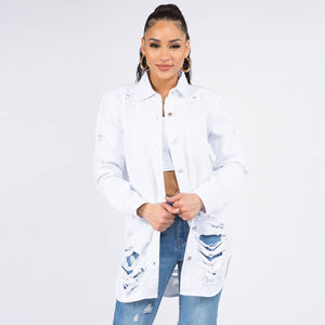 LONG LENGTH DENIM SHIRTS JACKET-RJK3712SI: WHITE / SMALL