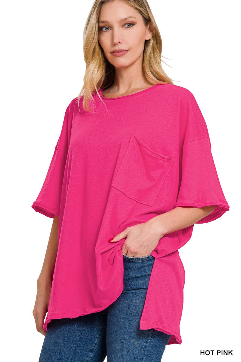 ...Oversized Front pocket raw edge tee: ASH ROSE-134856 / L