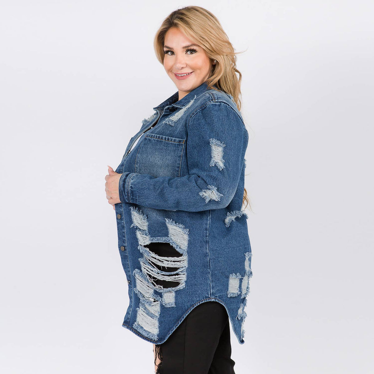 PLUS SIZE LONG LENGTH DENIM SHIRTS JACKET-RJK3712SIP: WHITE / 3X