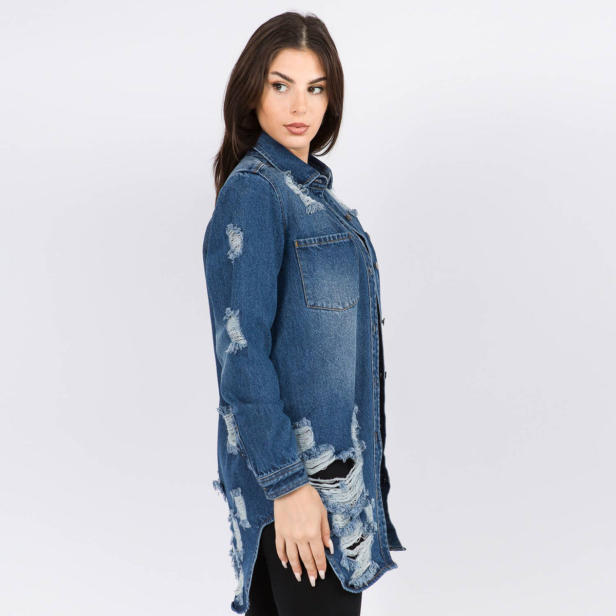 LONG LENGTH DENIM SHIRTS JACKET-RJK3712SI: WHITE / LARGE
