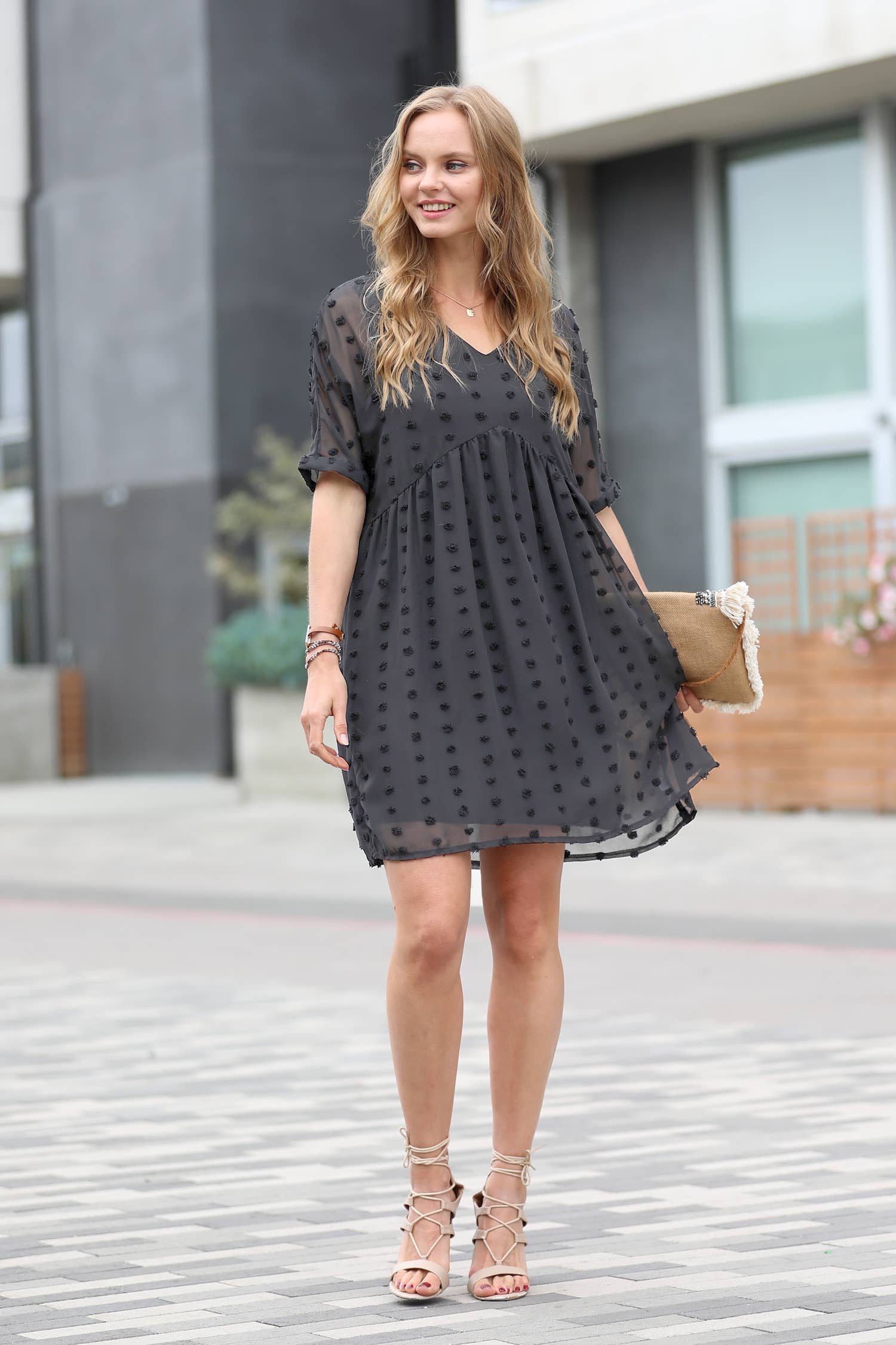 .....Swiss Dot Babydoll Dress Collection: SAND BEIGE-155324 / M