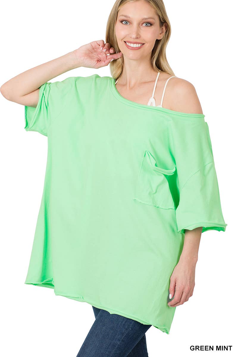 ...Oversized Front pocket raw edge tee: ASH ROSE-134856 / S