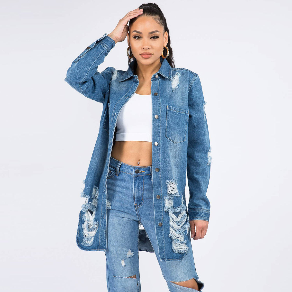 LONG LENGTH DENIM SHIRTS JACKET-RJK3712SI: WHITE / LARGE
