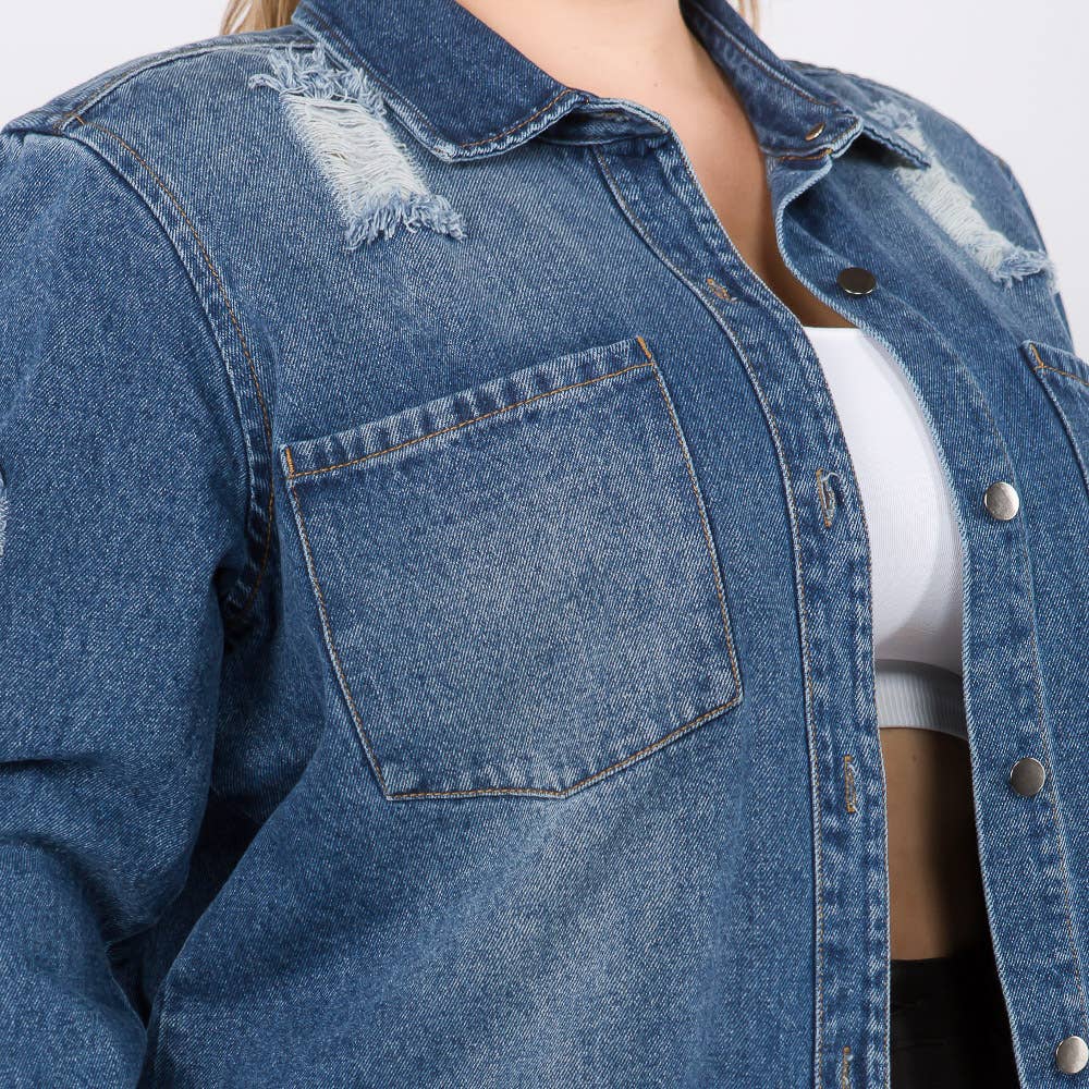 PLUS SIZE LONG LENGTH DENIM SHIRTS JACKET-RJK3712SIP: WHITE / 2X