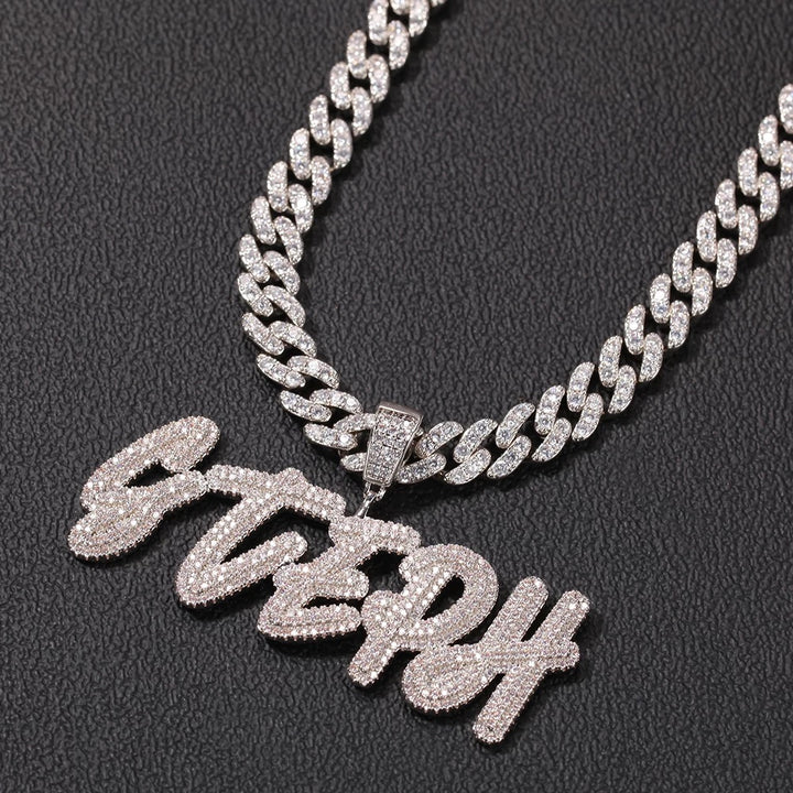 ICED OUT BRUSH LETTERS WITH 9MM CUBAN LINK CUSTOM NAME NECKLACE
